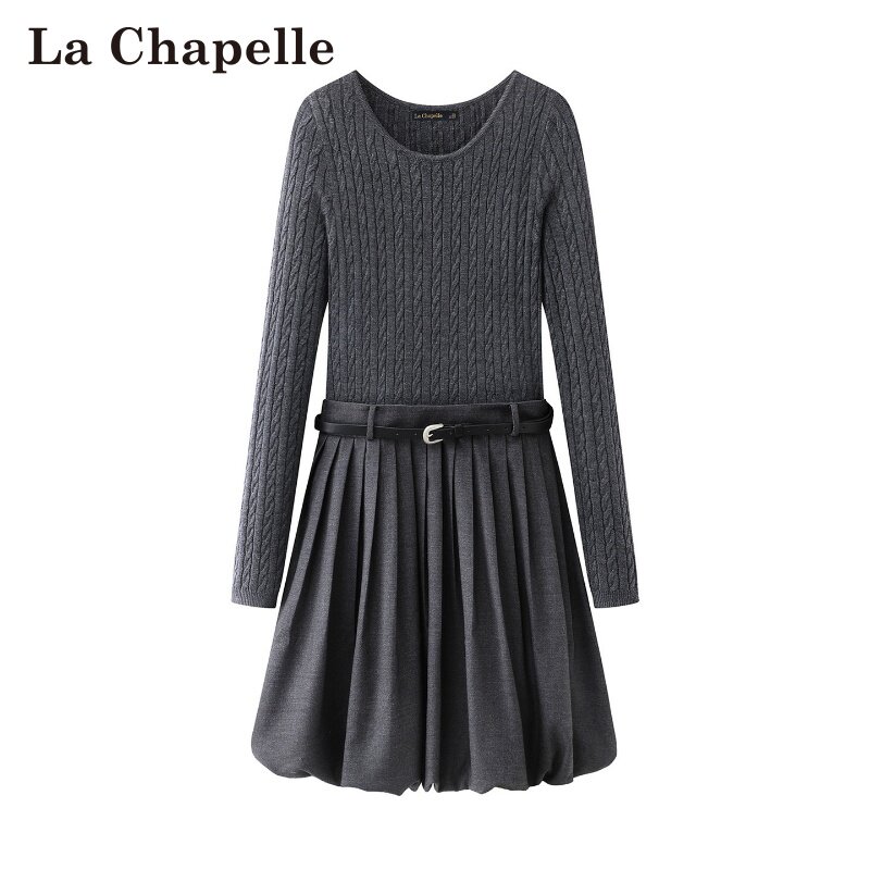 拉夏贝尔/La Chapelle春季新款圆领学院风收腰款长袖针织连衣裙女