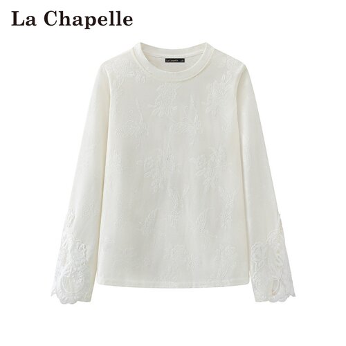 拉夏贝尔/La Chapelle春秋新款套头圆领新中式时尚提花打底上衣女