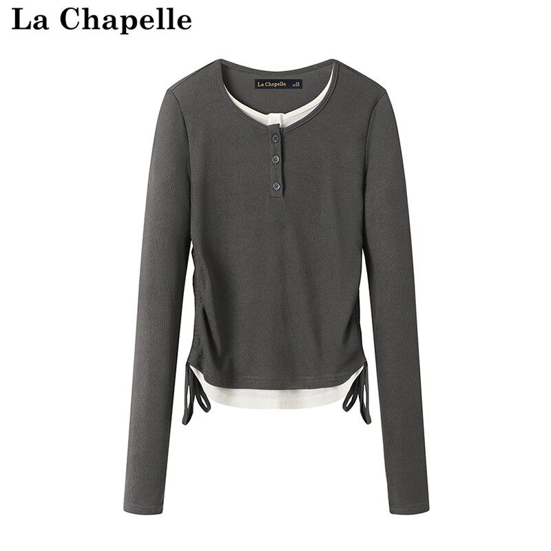 拉夏贝尔/La Chapelle假两件长袖体恤女秋季打底衫设计感修身上衣怎么看?