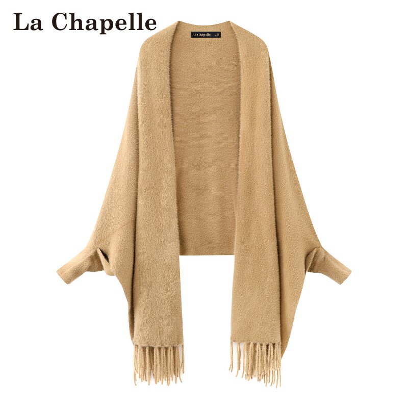 拉夏贝尔/La Chapelle流苏针织披肩女秋冬百搭蝙蝠袖保暖外搭上衣