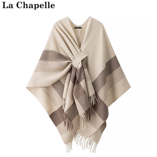 拉夏贝尔/La Chapelle格子披肩外搭斗篷女保暖流苏开衫披风厚上衣