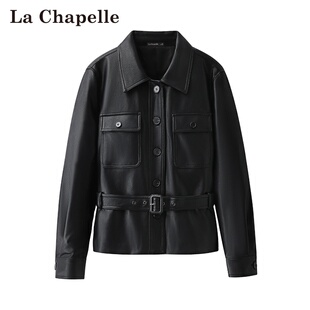 新款 Chapelle春季 复古风翻领正肩收腰休闲皮衣外套女 拉夏贝尔