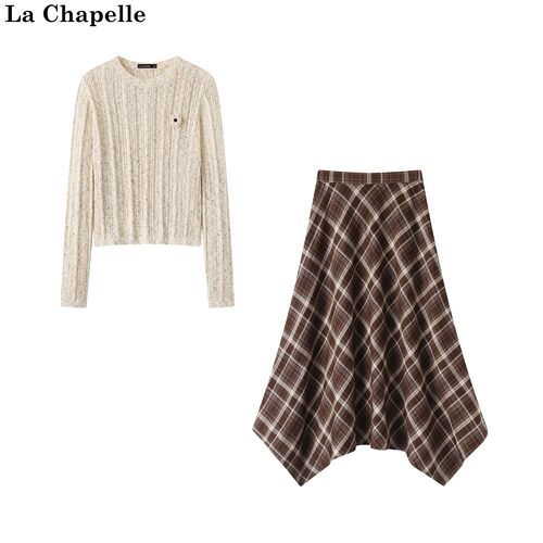 拉夏贝尔/La Chapelle秋季新款圆领长袖针织衫高腰半身裙两件套女