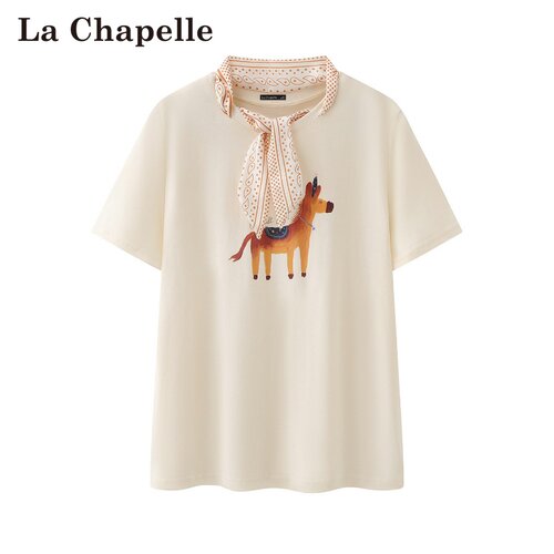 拉夏贝尔/La Chapelle夏季新款韩系丝巾套头时尚印花修身短袖上衣