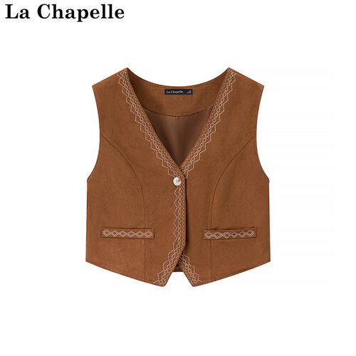 拉夏贝尔/La Chapelle夏季新款复古V领重工刺绣无袖叠穿外搭马甲