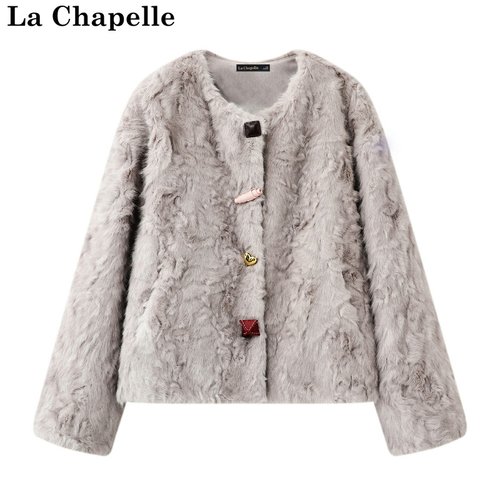 拉夏贝尔/La Chapelle秋冬新款彩扣厚款高级感气质通勤毛毛外套女