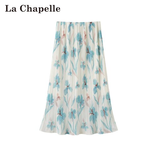 拉夏贝尔/La Chapelle春夏新款复古风松紧腰压褶印花A字半身裙女
