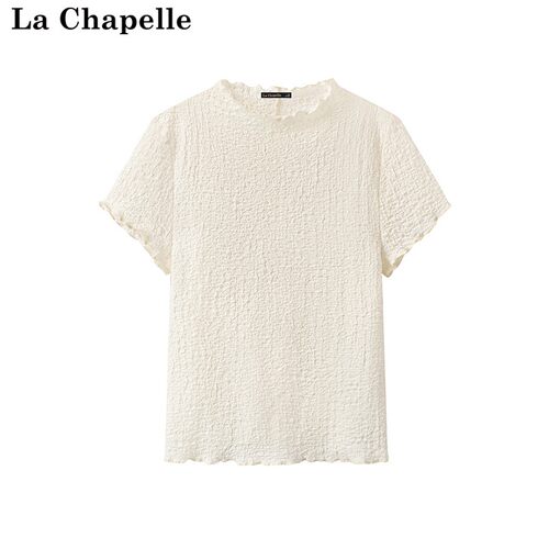 拉夏贝尔/La Chapelle夏季新款木耳边立领短袖T正肩修身内搭上衣