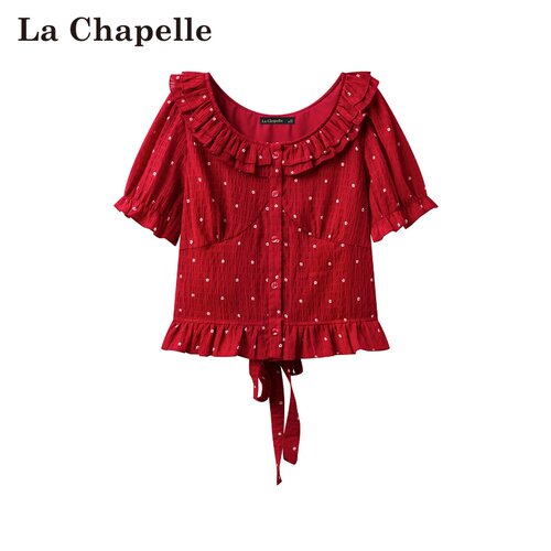拉夏贝尔/La Chapelle春夏新款韩式复古圆领碎花短款显瘦气质衬衫