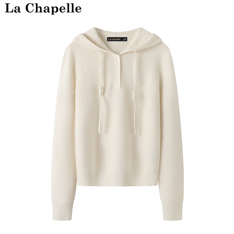拉夏贝尔/La Chapelle秋冬新款连帽针织衫女羊毛抽绳套头纯色毛衣