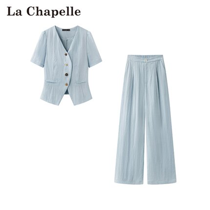 拉夏贝尔/La Chapelle春夏新款老钱风两件套西装短袖上衣休闲裤女
