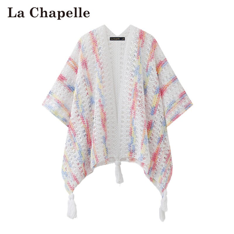 拉夏贝尔/La Chapelle秋冬新款撞色镂空流苏针织上衣旅游风披肩女