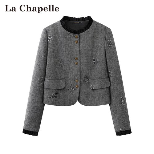 拉夏贝尔/La Chapelle春季新款通勤风撞色立领日常亮片短款外套女