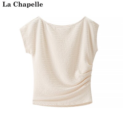 拉夏贝尔/La Chapelle夏季新款气质百搭法式肌理感褶皱斜肩上衣女