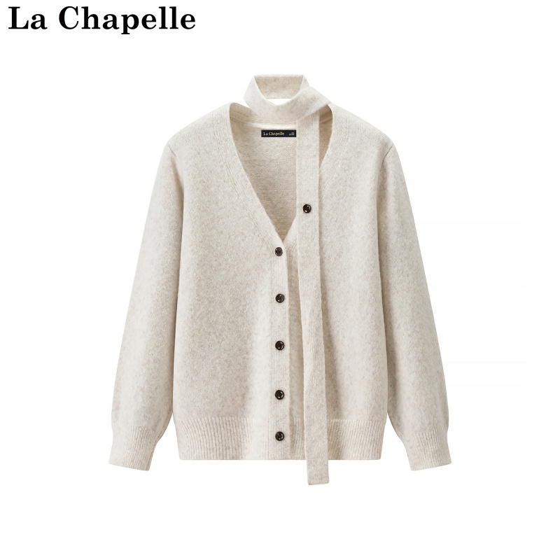拉夏贝尔/La Chapelle秋冬新款软糯风纯色开衫设计感飘带厚款毛衣