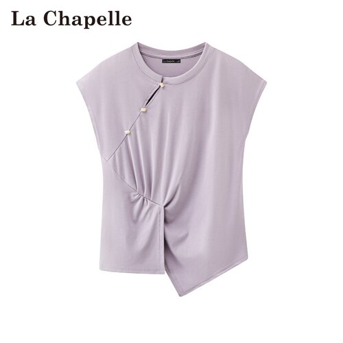 拉夏贝尔/La Chapelle夏季新款套头圆领韩式褶皱开叉显瘦短袖上衣