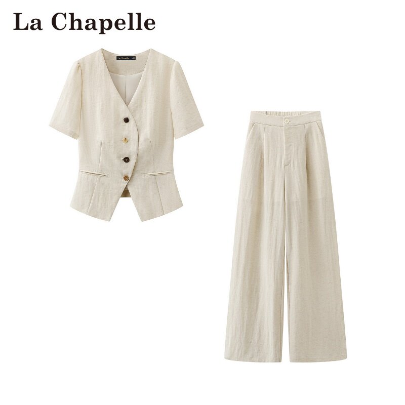 拉夏贝尔/La Chapelle春夏新款休闲风两件套薄款西装短袖阔腿长裤