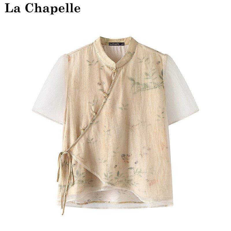 拉夏贝尔/La Chapelle新中式国风盘扣钉珠短袖衬衫女印花立领上衣怎么样,好用不?