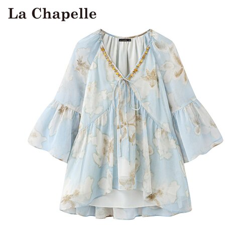 拉夏贝尔/La Chapelle春夏新款V领甜美碎花串珠七分袖雪纺衫上衣