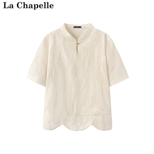 拉夏贝尔/La Chapelle新中式国风短袖衬衫女夏季新款立领提花上衣