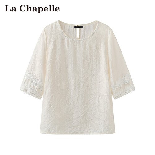拉夏贝尔/La Chapelle春夏新款休闲风圆领时尚刺绣五分袖衬衫上衣