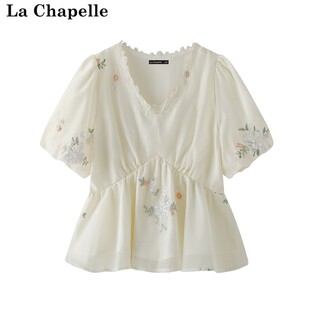 新款 Chapelle夏季 泡泡袖 短袖 T恤上衣 拉夏贝尔 花边领刺绣短款