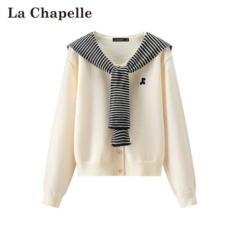 拉夏贝尔/La Chapelle秋冬新款条纹披肩软糯刺绣时尚长袖针织衫女
