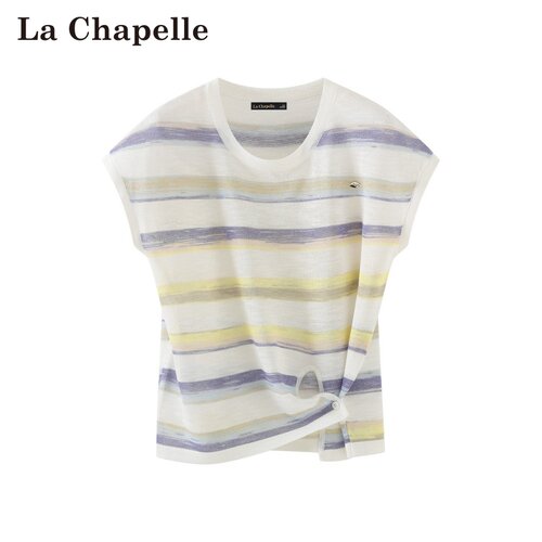 拉夏贝尔/La Chapelle春夏新款撞色条纹针织衫圆领设计感短袖上衣