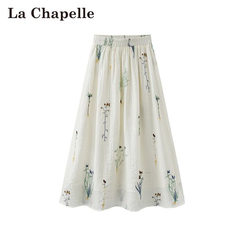 拉夏贝尔/La Chapelle春夏新款休闲风松紧腰植物刺绣度假风半身裙