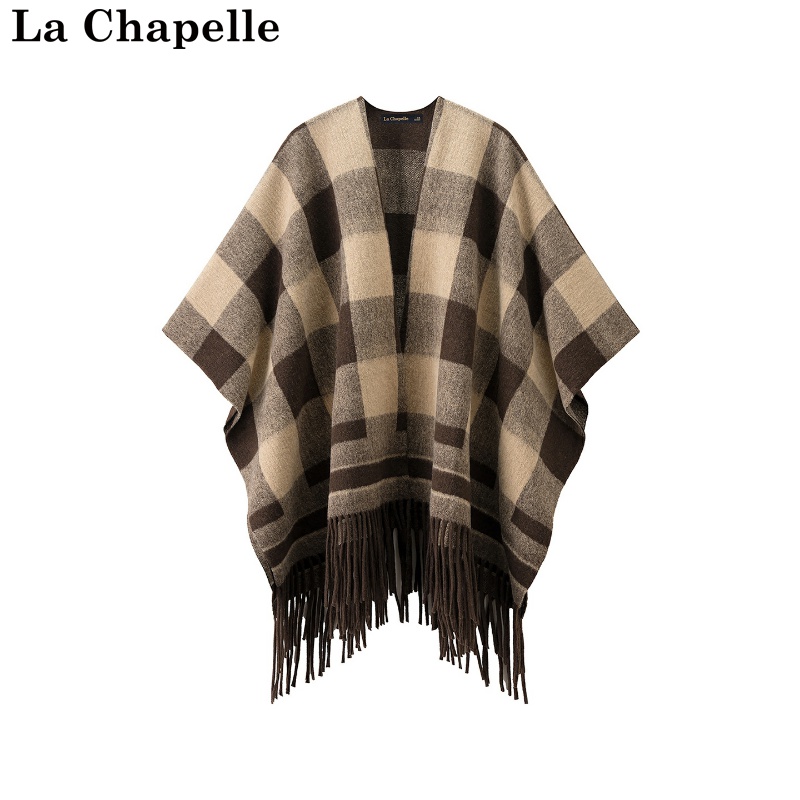 拉夏贝尔/La Chapelle民族风秋冬格子拼色旅游风时尚外搭针织披肩