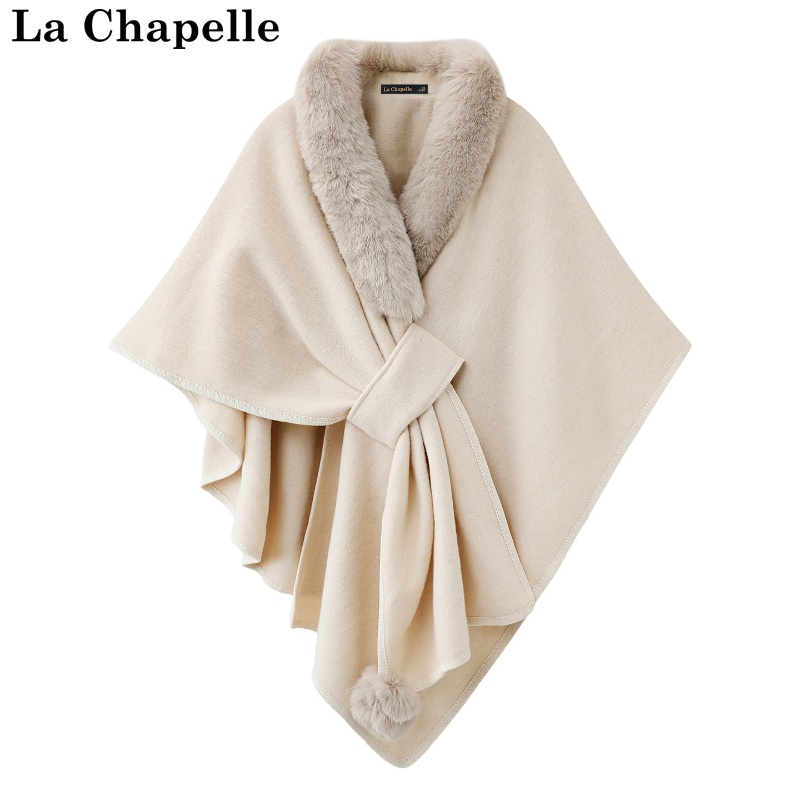 拉夏贝尔/La Chapelle秋冬新款毛领气质外搭围巾斗篷式保暖披肩女