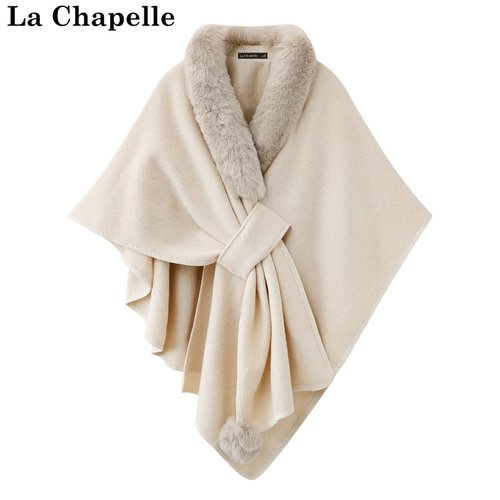 拉夏贝尔/La Chapelle秋冬新款毛领气质外搭围巾斗篷式保暖披肩女