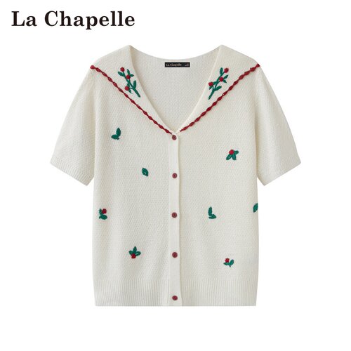 拉夏贝尔/La Chapelle春夏新款韩式v领复古通勤植物刺绣针织短袖