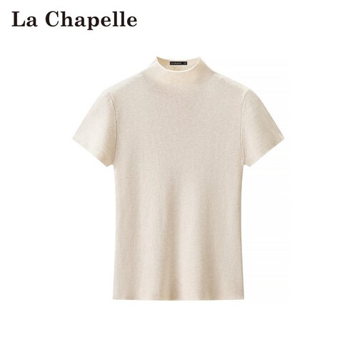 拉夏贝尔/La Chapelle春夏新款纯色套头半高领修身针织短袖上衣女