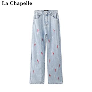 拉夏贝尔/La Chapelle春新款涂鸦印花牛仔裤泼墨垂感直筒阔腿裤女