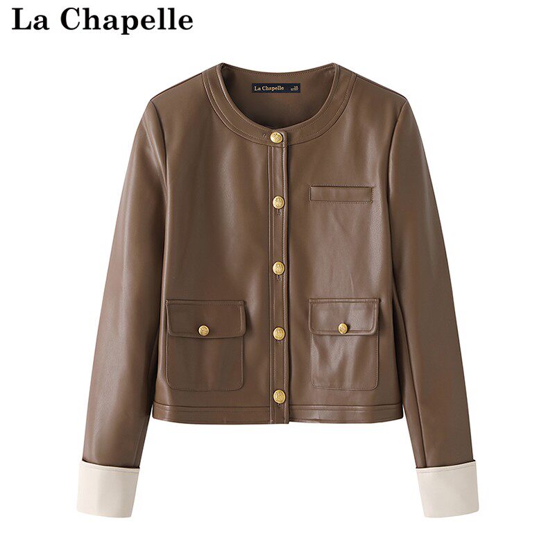 拉夏贝尔/La Chapelle秋季新款pu皮衣女撞色圆领长袖机车服短外套怎么看?