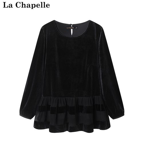 拉夏贝尔/La Chapelle早秋荷叶边真丝丝绒衬衫女宽松百搭时尚上衣