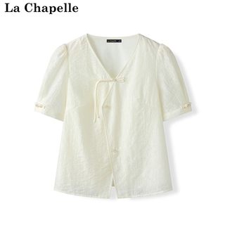 拉夏贝尔/La Chapelle夏季新款新中式国风盘扣休闲短袖衬衫上衣女