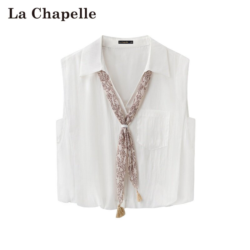 拉夏贝尔/La Chapelle春夏新款翻领带丝巾衬衫时尚气质无袖上衣女图片