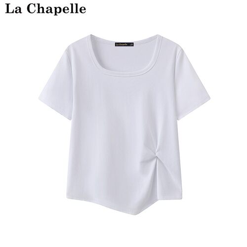 拉夏贝尔/La Chapelle纯色方领短袖T恤女夏季新款设计感扭结上衣