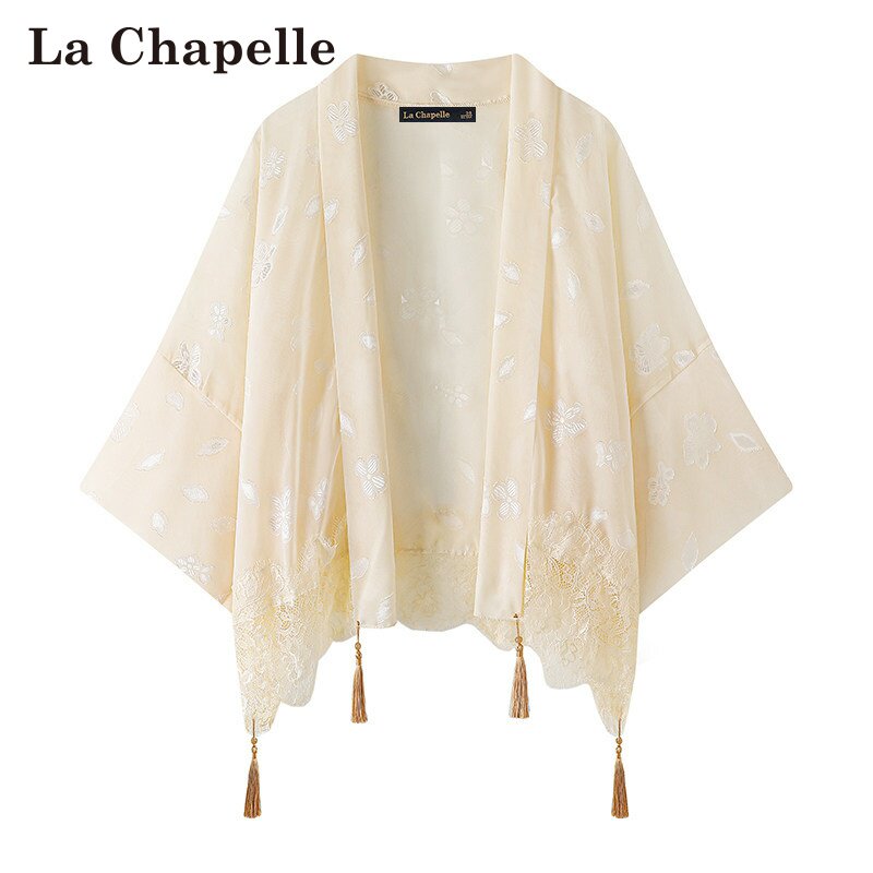 拉夏贝尔/La Chapelle新中式绣花蕾丝流苏披肩女开衫提花薄款上衣