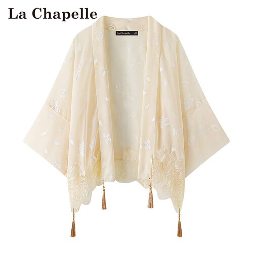 拉夏贝尔/La Chapelle新中式绣花蕾丝流苏披肩女开衫提花薄款上衣