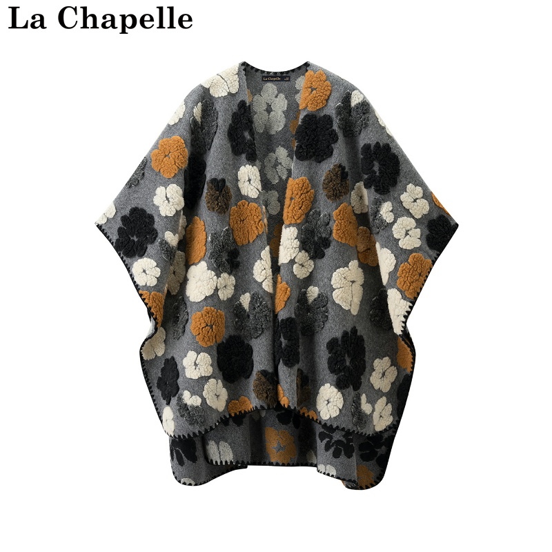 拉夏贝尔/La Chapelle秋冬新款立体花朵民族风保暖时尚针织披肩女