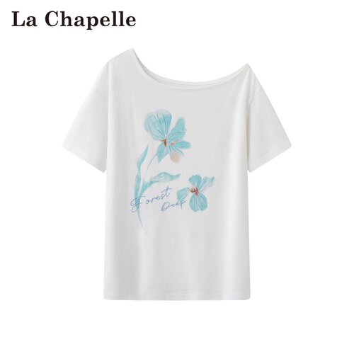 拉夏贝尔/La Chapelle夏季新款套头斜肩花朵印花宽松休闲短袖上衣