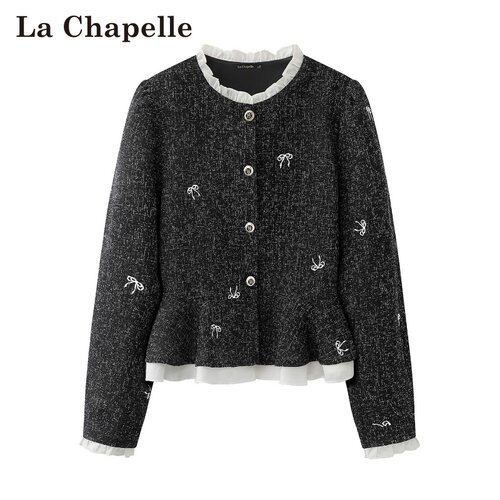 拉夏贝尔/La Chapelle春季新款撞色刺绣通勤风收腰气质小香风外套