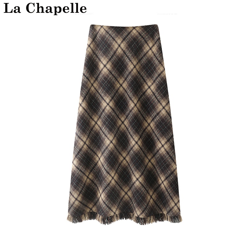 拉夏贝尔/La Chapelle冬季新款复古高腰格子通勤风显瘦毛呢半身裙