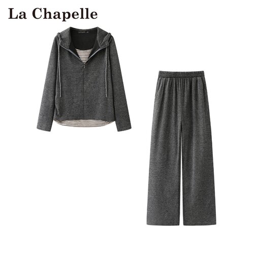 拉夏贝尔/La Chapelle春夏休闲风套装连帽拼接假两件上衣长阔腿裤