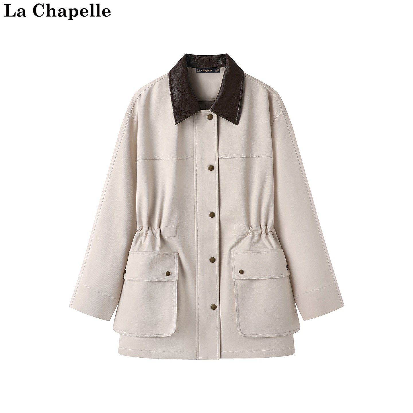 拉夏贝尔/la chapelle秋季新款翻领抽褶收腰工装风通勤夹克外套女