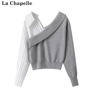 拼接长袖 秋装 气质针织衫 拉夏贝尔 上衣 Chapelle法式 新款 女衬衫