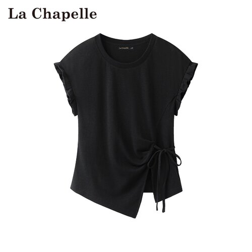 拉夏贝尔/La Chapelle夏季新款纯色圆领设计风收腰系带短袖上衣女
